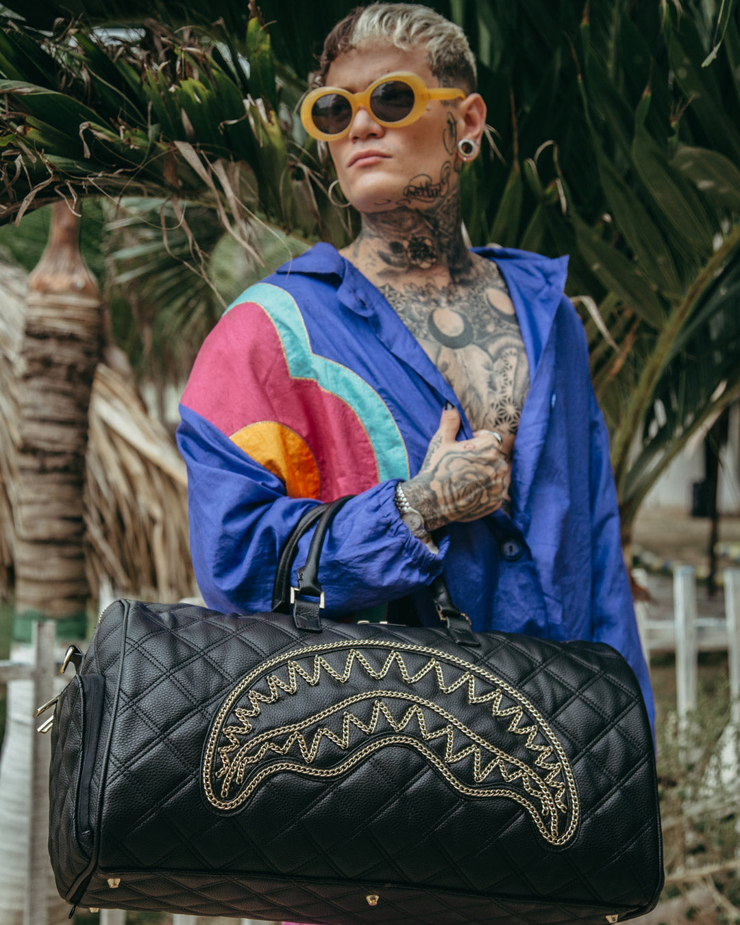 SPRAYGROUND® DUFFLE NOIR QUILT GOLD CHAIN SHARK DUFFLE